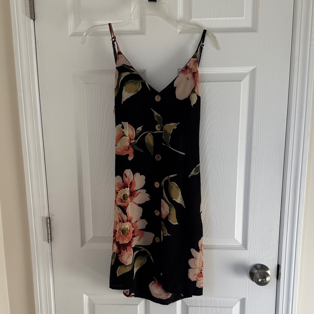 Open Back! Floral Black Dress with Pink and Green Accents